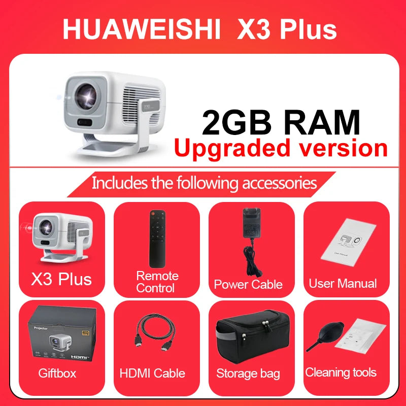 HUAWEISHI 4K Android Projector – 600 ANSI, Auto FocusTM