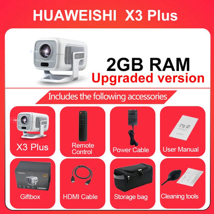 HUAWEISHI 4K Android Projector – 600 ANSI, Auto FocusTM