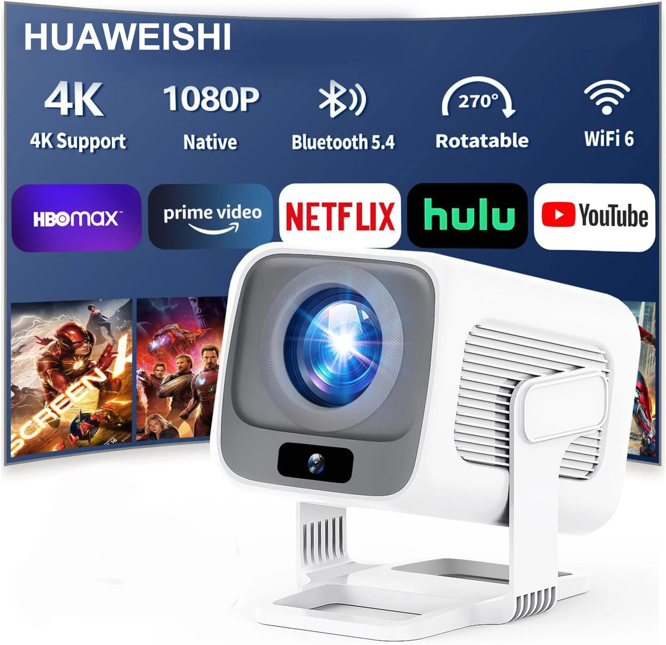 HUAWEISHI 4K Android Projector – 600 ANSI, Auto FocusTM
